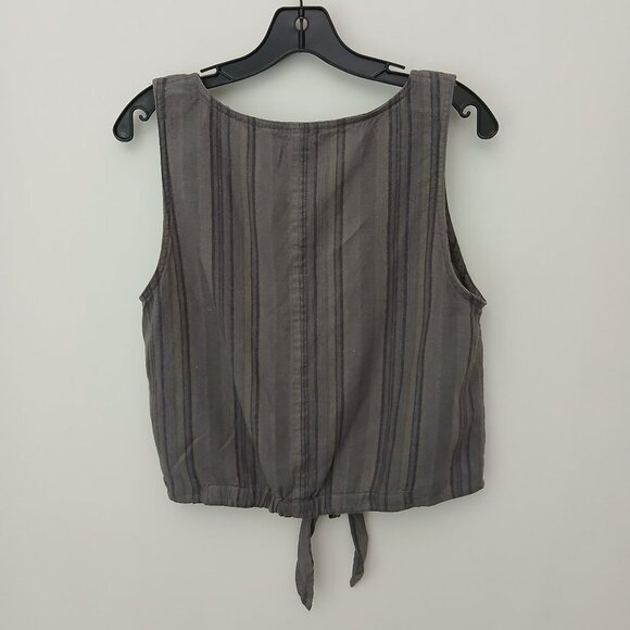 Olive Green Striped Linen Blend Button Down Tie Front Midriff Top Sz L - Picture 8 of 9